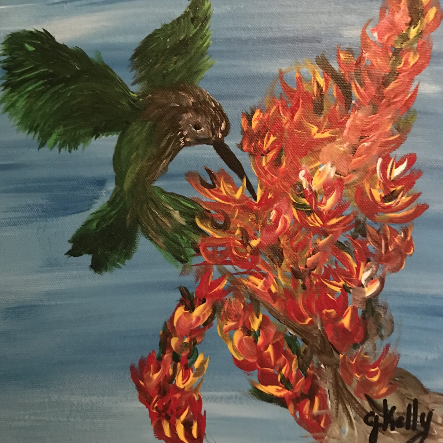 Hummingbird - 10”x10”, arcrylic on canvas, $150